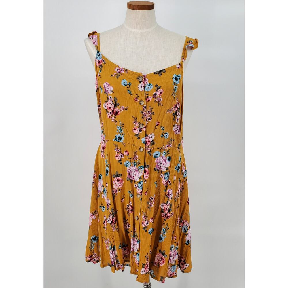 Rewind Floral Button Front Ruffle Strap Mini Dress Womens XXL Mustard Gold Metal